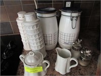 Eight Pcs.: Two Milkglass Canisters,