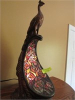 Leaded Glass Lamp: Unusual Peacock Form, 21" Tall