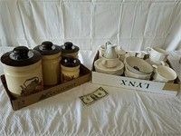 2 boxes Pfaltzgraff dinnerware pieces and metal