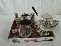 Silver plated candlesticks pitcher and chafing