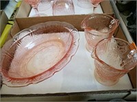 Pink depression glass bowl and creamer and sugar