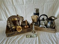 2 boxes silver plate, metal vases, candlesticks,