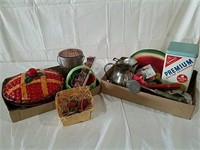 2 boxes kitchen utensils, tins, and decorative