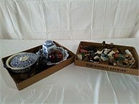 2 boxes blue bowls, figurines and miscellaneous