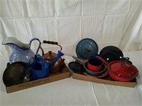 2 boxes spatterware, copper tea kettle and