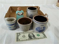 4 miniature stoneware crocks and figurine