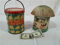 2 vintage biscuit tins one is also a bank