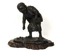 Japanese Bronze Figure of Boy on Wood Stand Signed