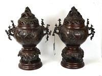 Large Pr of Japanese Bronze Censers w. Covers