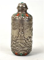 Chinese Tibetan Silver Snuff Bottle w. Pagoda