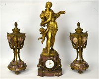 Three Pcs Marble & Bronze Clock Set