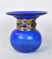 Blue Art Glass Vase with Silver Inlaid