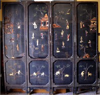 Chinese Four Panel Screen w Stone Inlaid