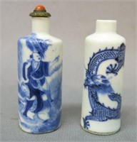 TWO CHINESE BLUE + WHITE PORCELAIN SNUFF BOTTLES