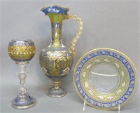 THREE PIECES MOSER TYPE ETCHED & ENAMELLED GLASS