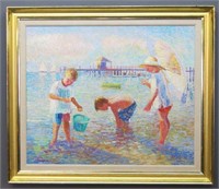 SAM BARBER OIL PAINTING OF 3 CHILDREN ON A BEACH