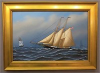 JEROME HOWES PAINTING OF SEVERAL SHIPS A T SEA