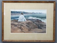 DON STONE WATERCOLOR OF A GIRL ON ROCKY COASTLINE