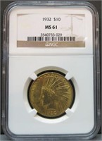 1932 US $10 INDIAN HEAD EAGLE GOLD COIN MS61