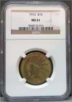 1912 US $10 INDIAN HEAD EAGLE GOLD COIN MS61