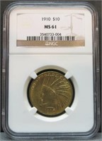 1910 US $10 INDIAN HEAD EAGLE GOLD COIN MS61