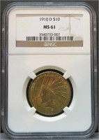 1910-D $10 US INDIAN HEAD EAGLE MS61