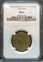 1913 $10 INDIAN HEAD EAGLE GOLD COIN MS61