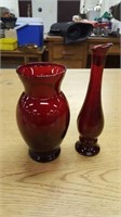 2 solid red glass vases
