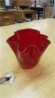 Vintage red glass vase/bowl ruffled Edge 6 in