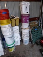Lot of plastic pails & lawn chairs