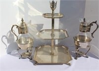 Silver Plate Tier Dessert Tray & Coffee Pots