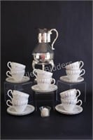 Silver Plate Coffee Carafe, Tea Cups with Saucers