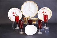 Milk Glass Platter, Red Stemware Glasses & Lustre