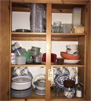 cupboard contents including blue willow