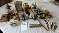 Harmonica, lamp, clock, candles, scrapers and open