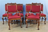 Six Tiger Oak Dining Chairs C. 1900 w/ Claw Feet