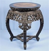 Chinese Carved Hardwood Table W/ Round Marble Top