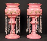 Pair Pink Cased Glass Mantle Lustres with Prisms