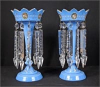 Pr. of Bristol Blue Glass Mantle Lustres w/ Prisms