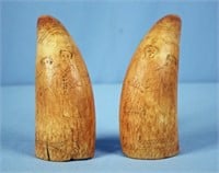 Pair 19th Century Scrimshaw Whale's Teeth