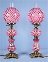 Pair of Fenton Coin Dot Cranberry Opalescent Lamps