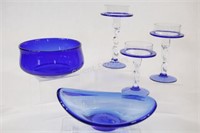 Blue Glass Salad Bowl, Candle Holders & Oval Dish