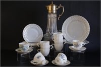 Milk Glass Plates,Cups, Silver Plate Glass Pitcher