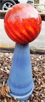 Orange / Red Glass Gazing Ball with Pottery Base