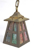 Arts & Crafts copper & stained glass hanging light