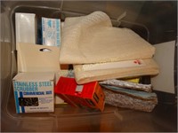 Tote: sponges, kitchen food scale, steel scrubbers