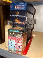 6 box candles, candle holder, etc