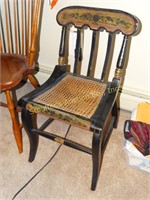 3 Wooden chairs - wood seat (has damage) & 1 cane