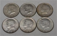 6 - 1964 Kennedy 90% Silver Half Dollars