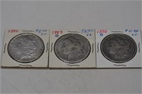 3 Morgan Silver Dollars 1880o, 1883o, 1886o